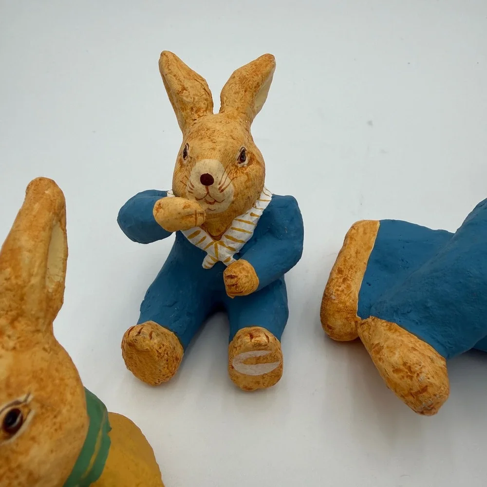 Vintage Style Hand Painted Bunny Rabbit‎ Figurines Set of 5 Easter Decor Nursery